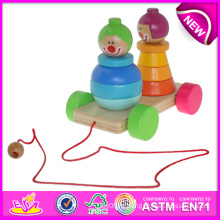 Красочные деревянные тянуть игрушка для детей, Укладка вытяните вдоль клоун для детей, смешные детские деревянные игрушки тянуть и толкать игрушку W05b070